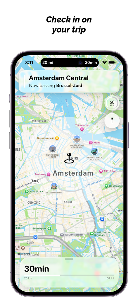 Eurostar Destinations - L'application Eurostar Destinations montre les détails du trajet en temps réel et la carte pour Amsterdam