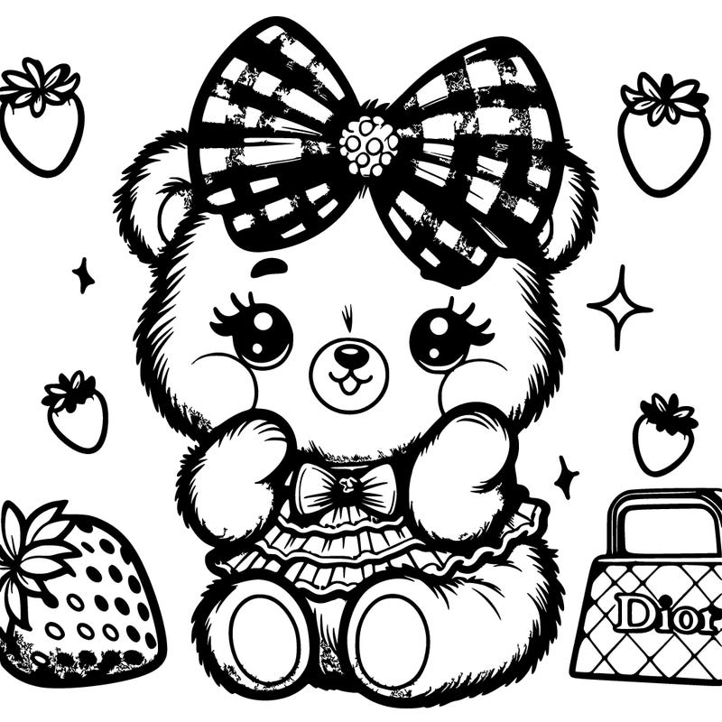 a, bear with a bow very cutie dior aesthetic with little strawberries in the background and coquette