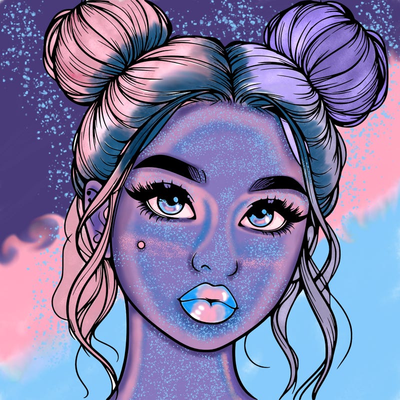 realistic girl with two buns on her hair and lips