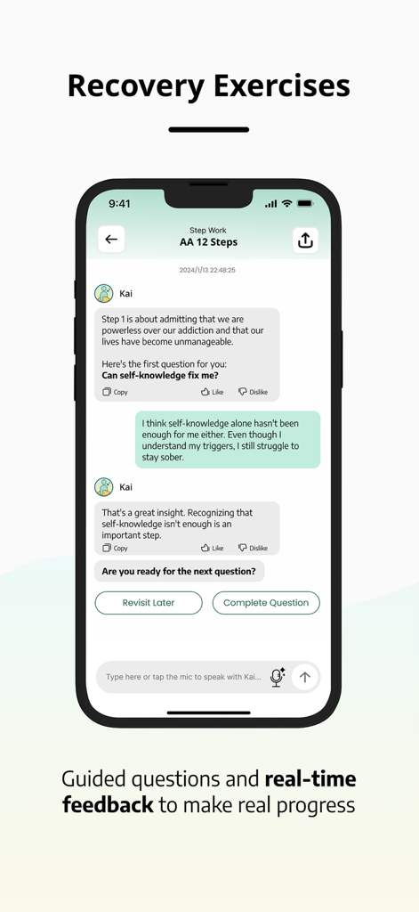 OpenRecovery - AI assistant Kai guiding a user through a 12 step recovery exercise with real time feedback