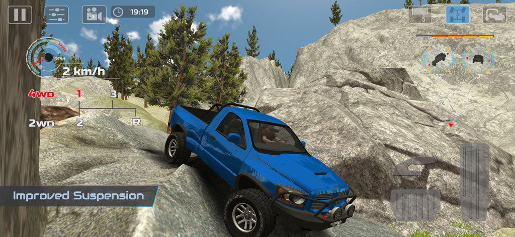 OffRoad Drive Pro - A blue 4x4 pickup truck climbing a rocky mountain slope with technical simulation meters and improved suspension display