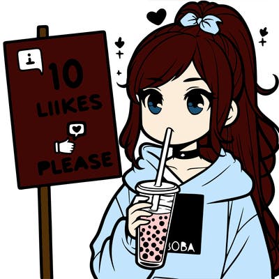 girl with a high ponytail and a hoodie drinking boba staring at a sign saying 10 likes please