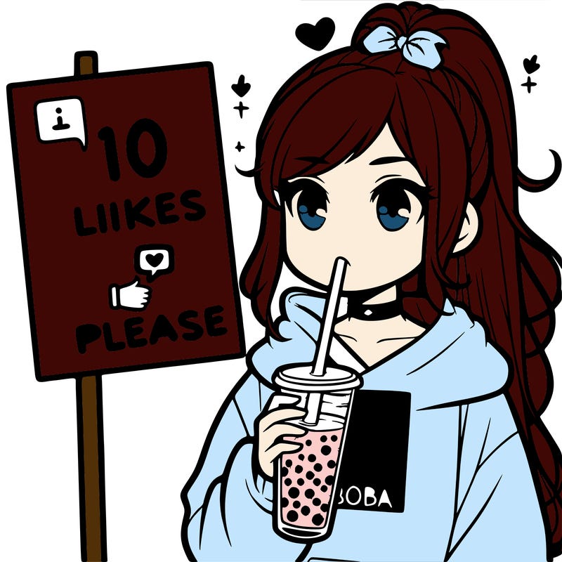 girl with a high ponytail and a hoodie drinking boba staring at a sign saying 10 likes please