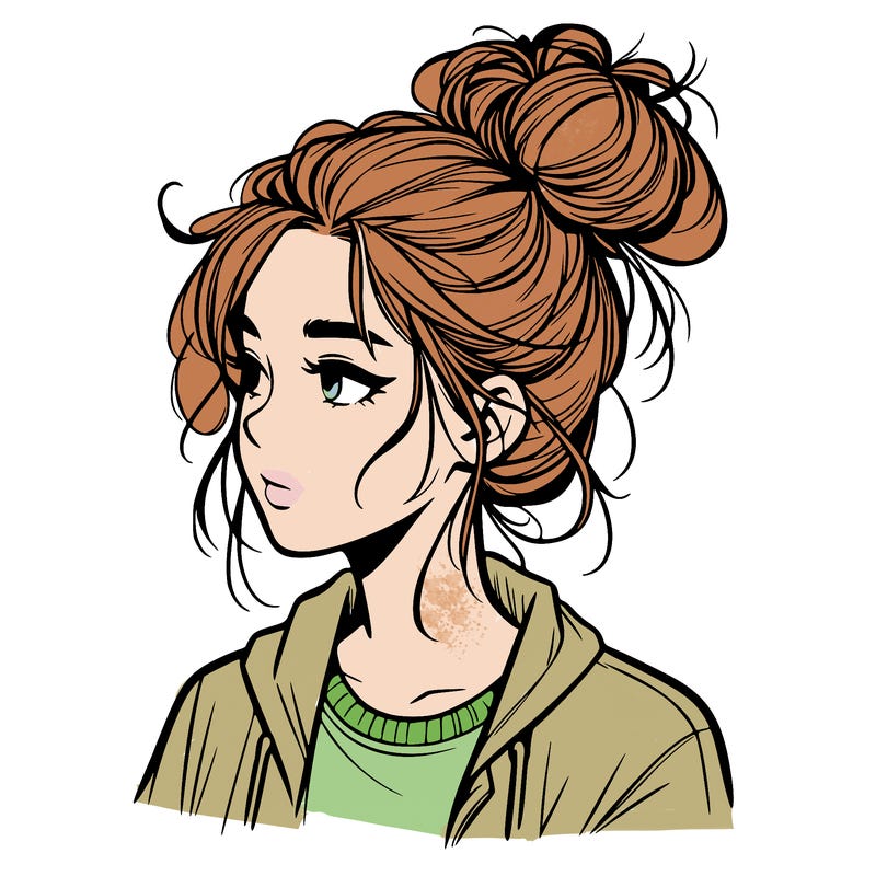 realistic teenage girl with a messy bun