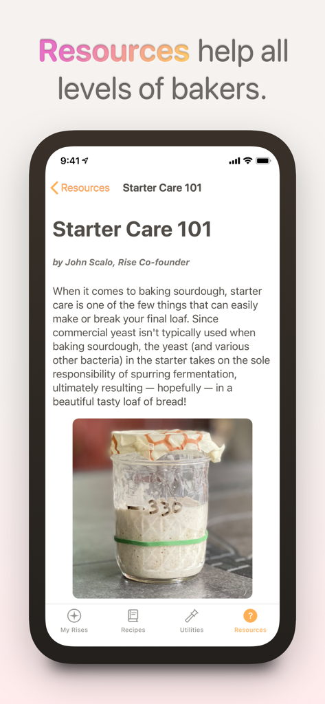 Rise: Baking & Bread Recipes - Screenshot of the Rise baking app showing a resource article about sourdough starter care with an image of a starter jar.