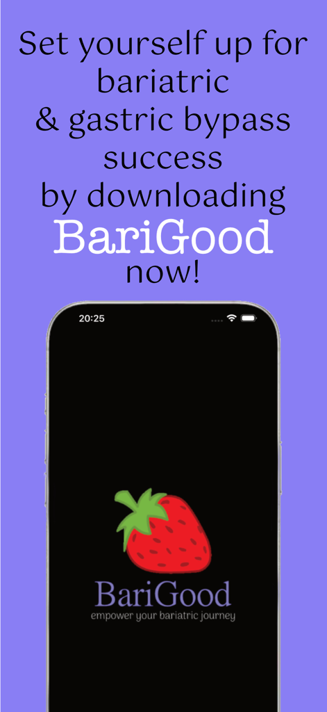Tela de introdução do aplicativo BariGood destacando o sucesso bariátrico e de bypass gástrico com o logotipo de morango da marca.
