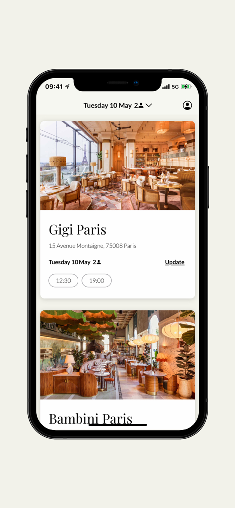 Paris Society mobile app interface showing restaurant reservation options for Gigi Paris and Bambini