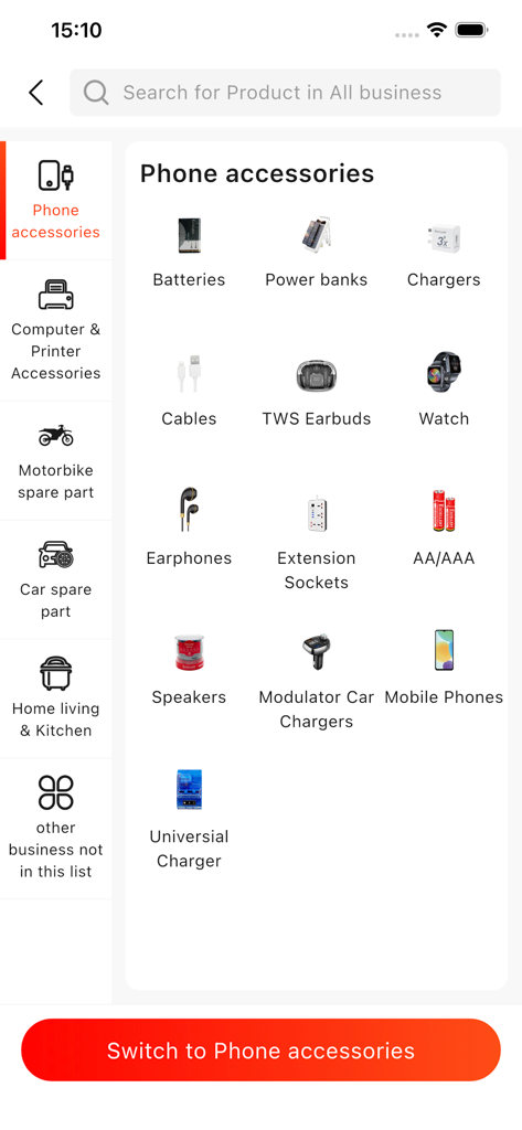 HappySell - Una pantalla de categoría en la aplicación HappySell que muestra una variedad de accesorios para teléfonos para pedidos B2B, incluyendo baterías, cargadores y power banks.