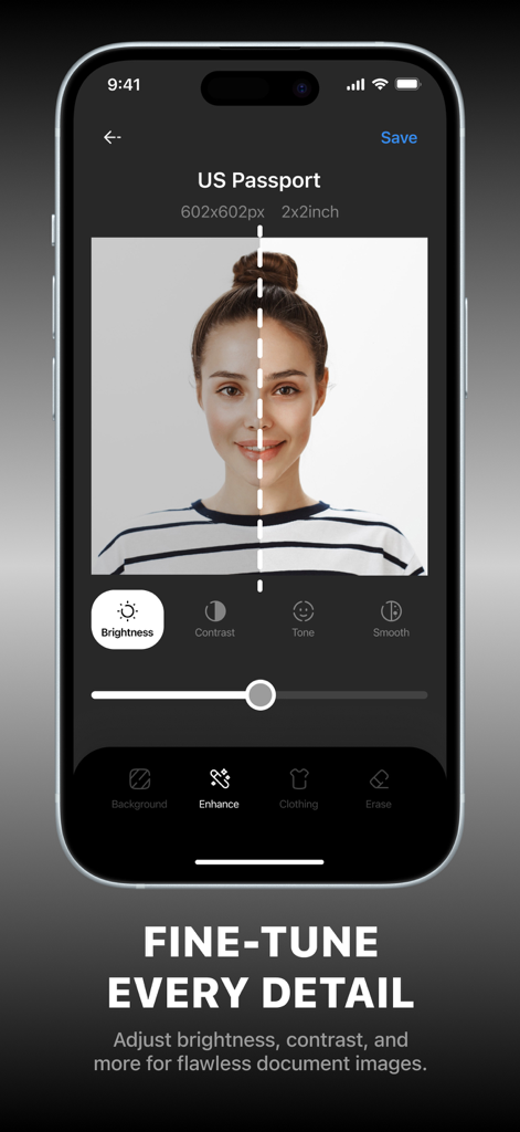 Passport & Visa Photo Maker ID - A mobile interface for editing a US passport photo with brightness and contrast adjustments