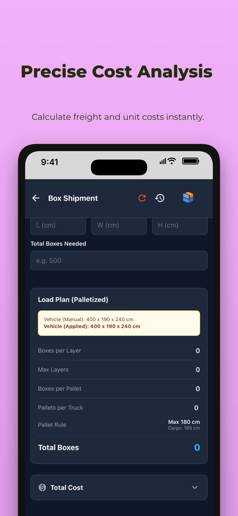 CargoFit Load Planner - Interfaz de la aplicación CargoFit Load Planner que muestra el análisis de costos de carga y la planificación de envíos paletizados