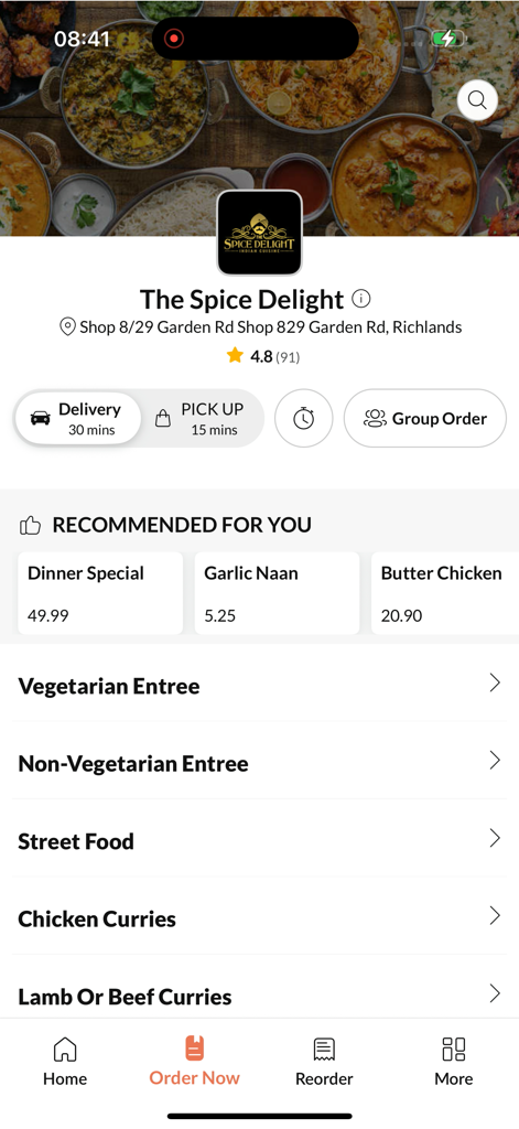 Interface de l'application The Spice Delight montrant les catégories de menus de cuisine indienne et les options de livraison