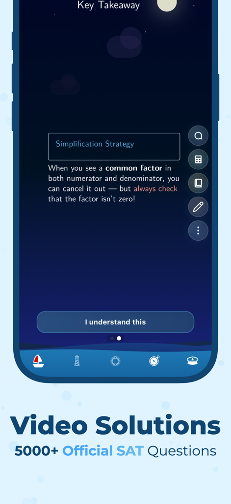 Dolphin: Digital SAT Test Prep - A key takeaway screen from the Dolphin Digital SAT Test Prep app explaining a math simplification strategy with video solution options.