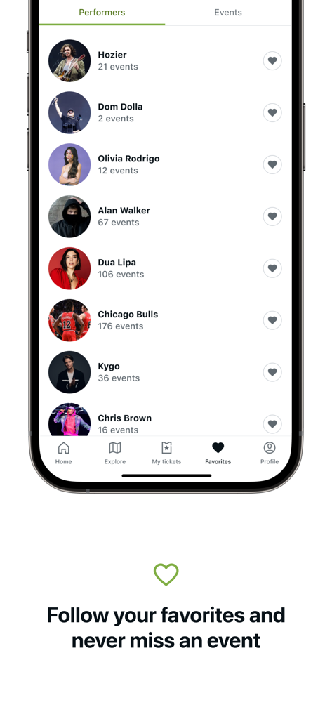 viagogo Tickets - Uno schermo mobile dall'app viagogo che mostra un elenco di artisti musicali e squadre sportive con icone a forma di cuore per seguire gli aggiornamenti sugli eventi.