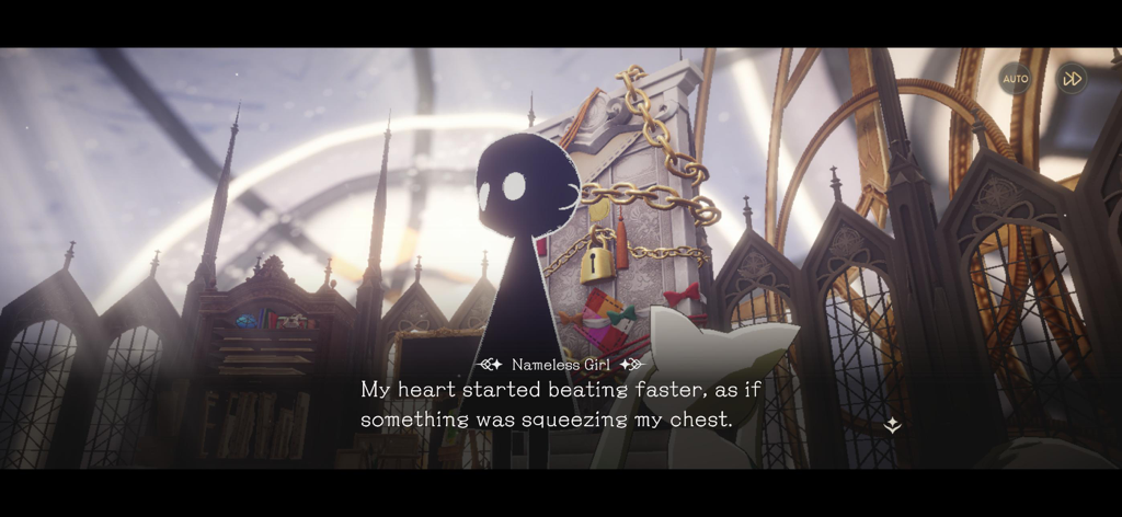 Madoka Magica Magia Exedra - Uma cena cinematográfica em Madoka Magica Magia Exedra mostrando a silhueta da Garota Sem Nome em um ambiente gótico surreal.