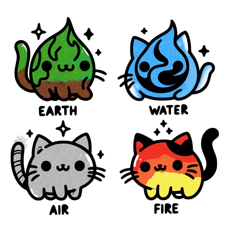4 cats that represent the different elements, earth, water, air, and fire