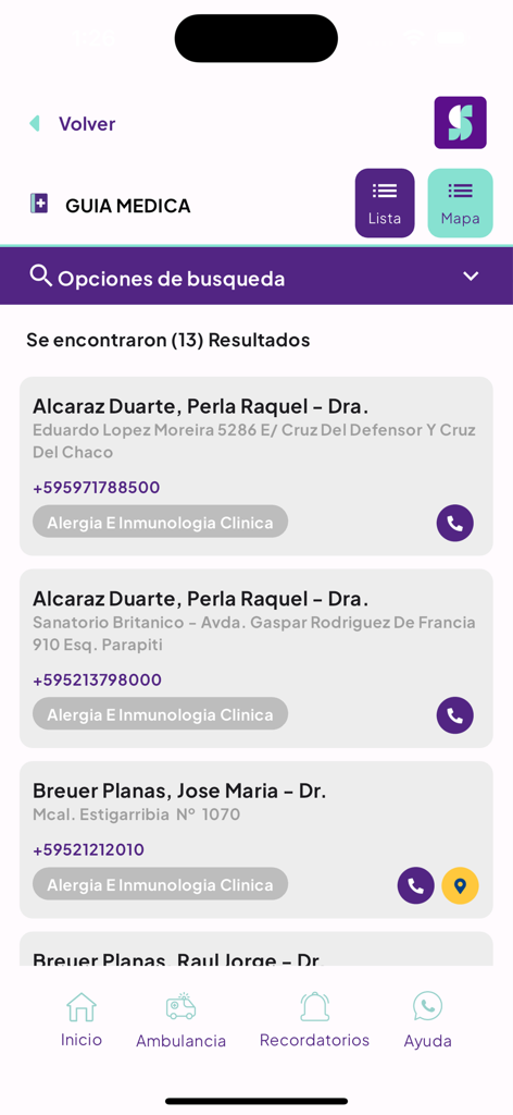 산타클라라 앱의 의료 가이드 화면. 의사 및 병원 목록이 표시됩니다.