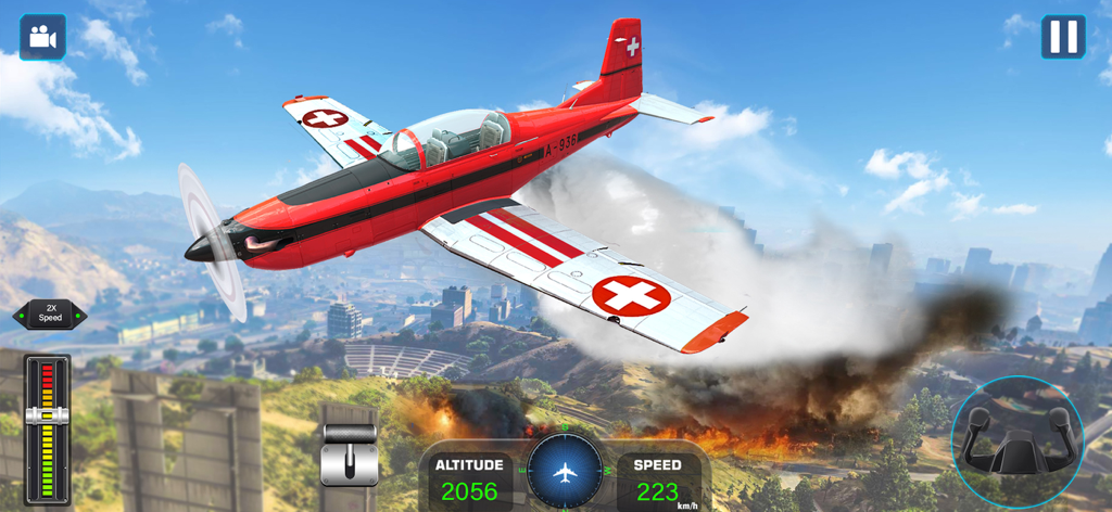 Airplane Flying Simulator 3D - Avión bimotor rojo volando sobre colinas en el juego Simulador de Vuelo de Aviones 3D