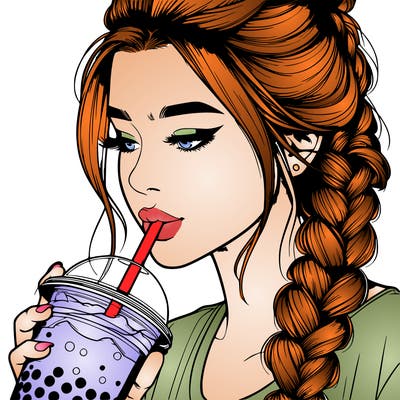 realistic girl drinking boba tea with braided hair