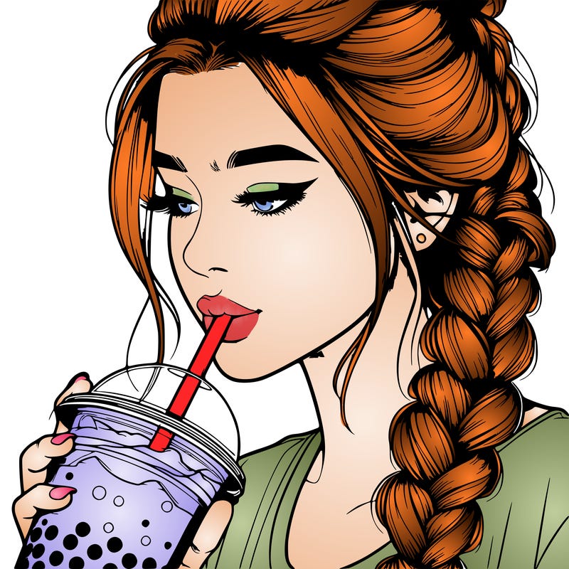 realistic girl drinking boba tea with braided hair