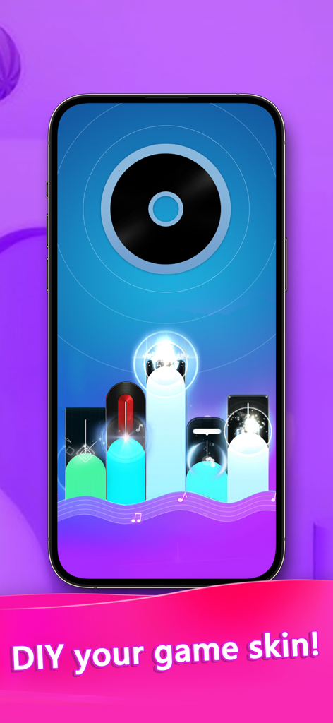 Beat Piano Music EDM Tiles - Captura de pantalla del juego Beat Piano Music EDM Tiles mostrando skins de juego DIY con fichas de neón brillantes