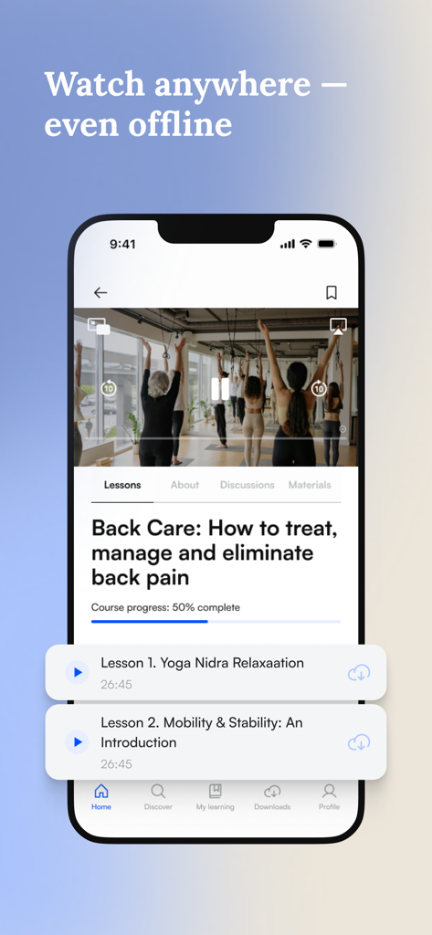 Smartphone-Bildschirm, der eine Yoga-Unterrichtsstunde zur Rückenpflege der NewMindStart-App mit Offline-Zugriffsfunktionen anzeigt