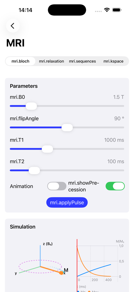 매개변수 슬라이더 및 실시간 벡터 및 그래프 시각화가 있는 MRI 블로흐 방정식 모듈을 보여주는 상호작용형 물리 시뮬레이터 인터페이스.
