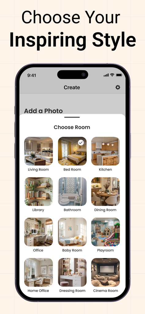 Interface de l'application Planificateur de pièces montrant des options pour sélectionner différents types de pièces pour des projets de design d'intérieur.