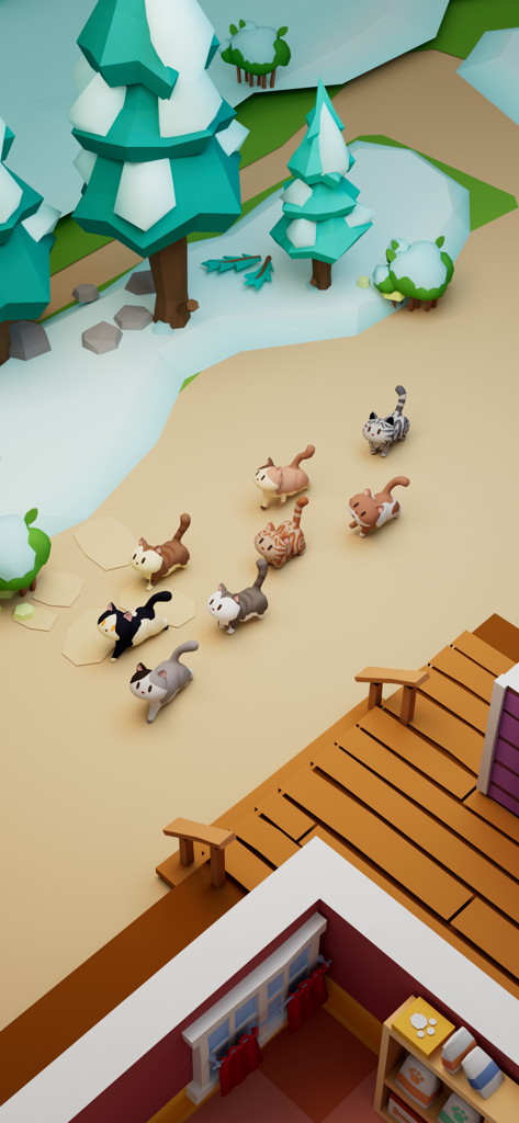 A group of colorful cartoon cats walking outside a pet shelter in a snowy winter landscape