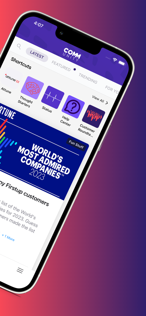 Firstup mobile app interface showing corporate news feed and shortcut icons for employee resources