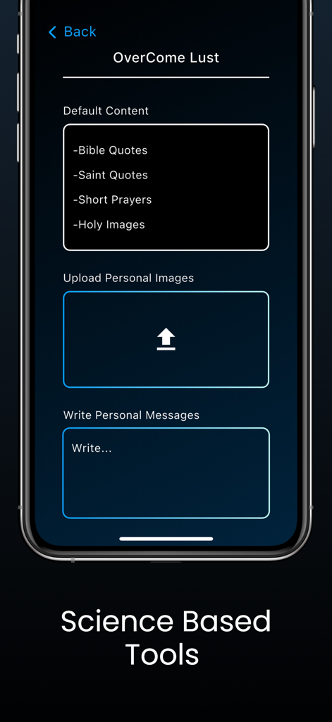 Saint Steps app screen for customizing science-based tools to overcome lust with personal messages and Bible quotes