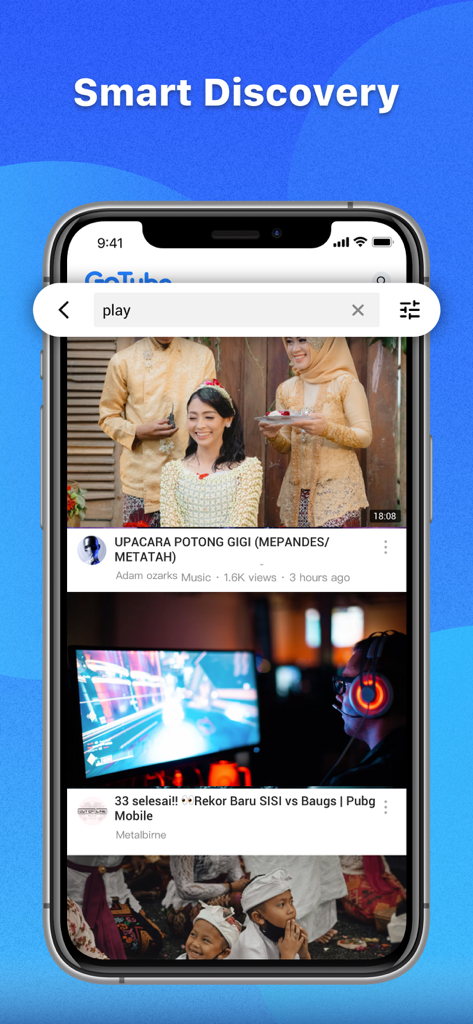 Gotube - Stream & Music player - Gotube App-Oberfläche zeigt die Smart Discovery-Funktion und Video-Suchergebnisse