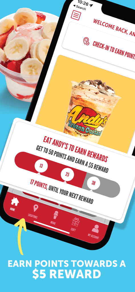 Andy's Frozen Custard - Andys Frozen Custard mobile app screen showing loyalty points tracking and reward progress towards a five dollar credit