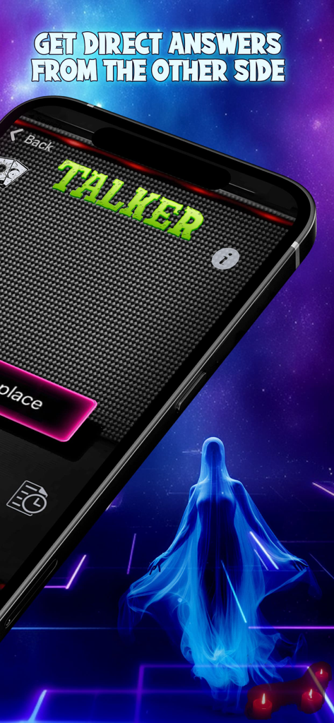 Spirit Contact Talker app interface showing the Talker feature and a glowing blue ghostly figure