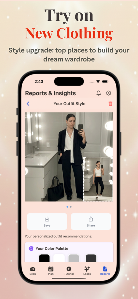 Makeup Check AI - AI Makeup - Captura de pantalla de la aplicación Makeup Check AI que muestra la función de prueba de ropa y los informes de estilo de atuendos personalizados.