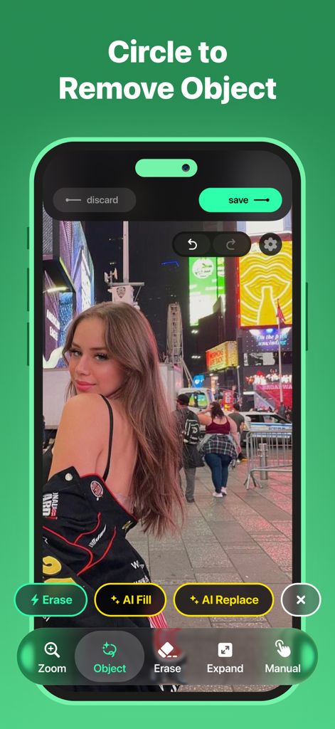 Interface of the Remove Objects app displaying the circle to remove object feature with an urban background photo.
