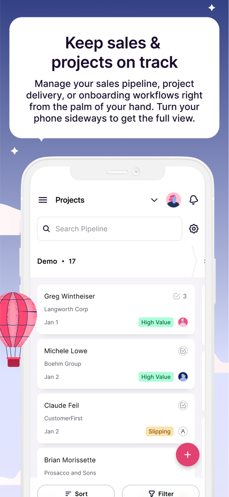 Copper CRM - Interface mobile de Copper CRM montrant les listes de projets et l'état du pipeline de vente