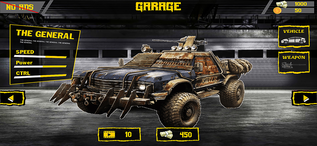 Zombies Run - zombie hunter - El coche general blindado cazador de zombis en el menú del garaje del juego con estadísticas de velocidad, potencia y control.