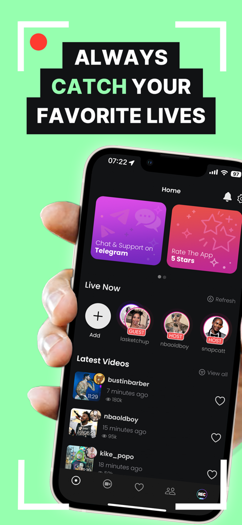 A smartphone showing the GREC app interface with live profile tracking and a list of recently recorded live videos
