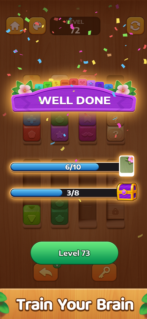 Block Sort: Color Puzzle Games - Pantalla de finalización de nivel en Block Sort Color Puzzle con banner Bien Hecho y confeti.