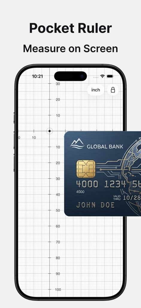 Pocket Ruler - Everyday Tool - Pantalla de smartphone mostrando una regla digital con cuadrícula utilizándose para medir una tarjeta de crédito física