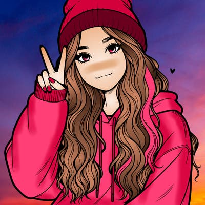 a teenage girl in a beanie, oversized sweatshirt, wavy long hair, and is showing a ✌️