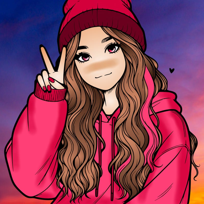 a teenage girl in a beanie, oversized sweatshirt, wavy long hair, and is showing a ✌️