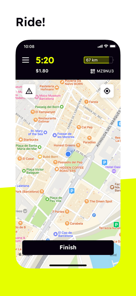 Superpedestrian app interface displaying an ongoing scooter ride with time, cost, battery range, and a real-time location map