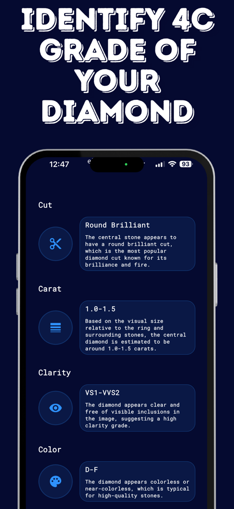 Diamond Tester & Scanner - Mobile app screen showing diamond grading results for cut, carat, clarity and color