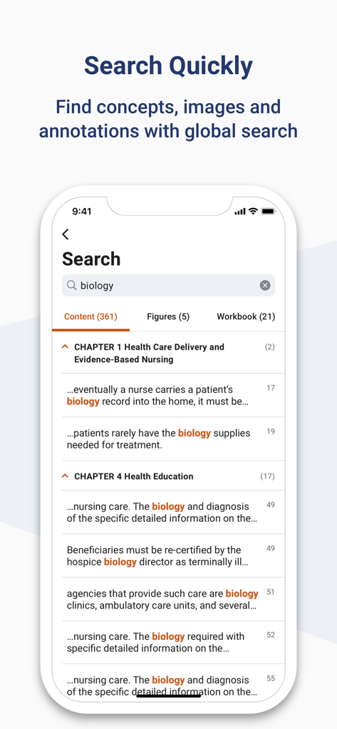 Elsevier eBooks on VitalSource - Interfaz de búsqueda de Elsevier eBooks que muestra los resultados para el término biología en los capítulos de libros de texto médicos.