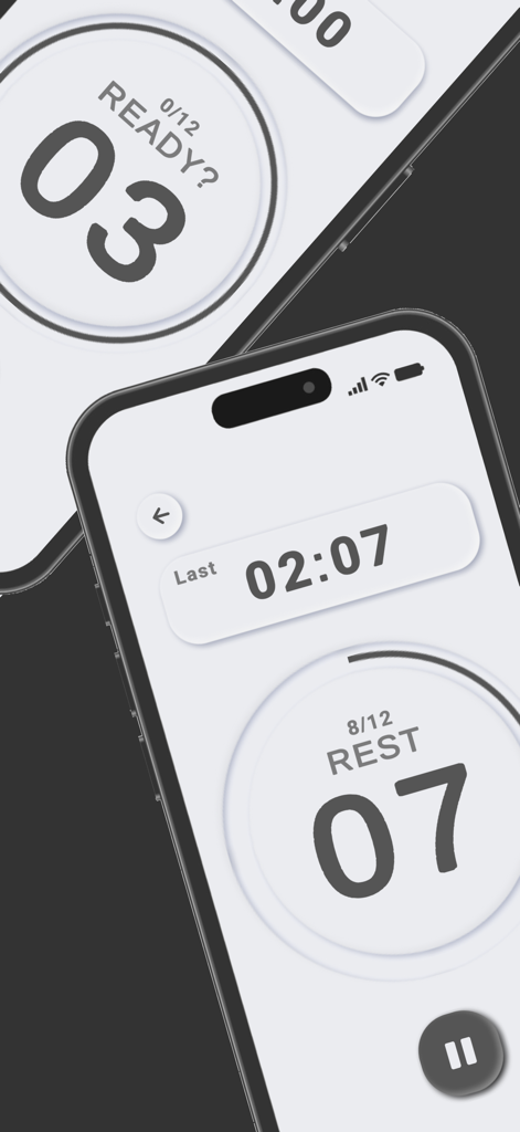Minimalist interface of a HIIT and Tabata workout timer app showing countdowns for rest and preparation