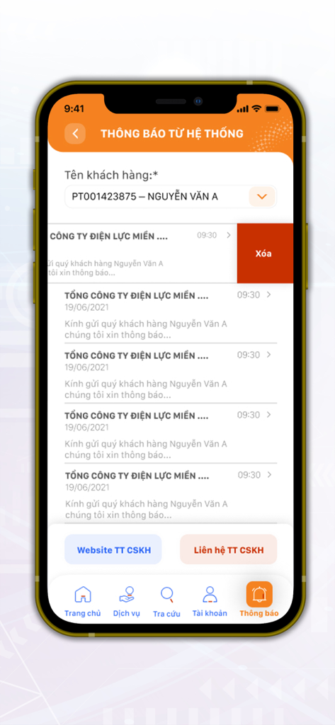 Interfaz de notificaciones del sistema de la aplicación CSKH EVNSPC que muestra mensajes de servicios en un teléfono inteligente