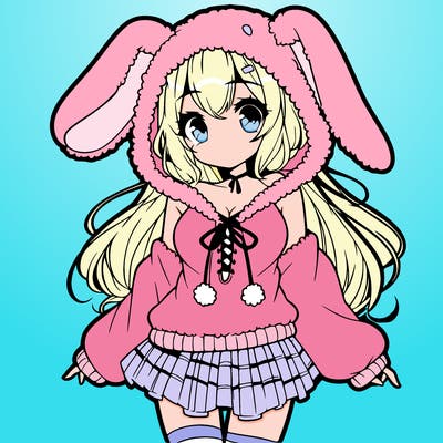 pretty anime girl wearing a fluffy hoodie with bunny ears on the hood and a skirt