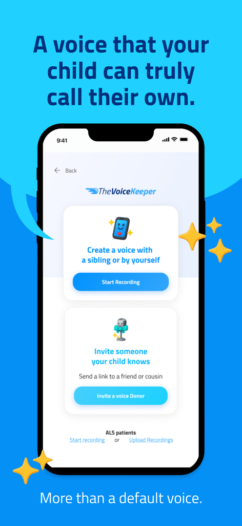 The Voice Keeper AAC - Interfaz de la aplicación The Voice Keeper AAC que muestra opciones de grabación de voz e invitación de donante