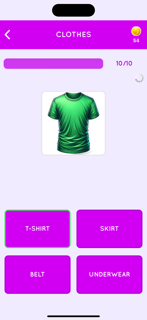Learn English US for Beginners - Bildschirm der Englisch-Lern-App zeigt eine Vokabellektion zum Thema Kleidung mit einem Bild eines grünen T-Shirts und Multiple-Choice-Optionen